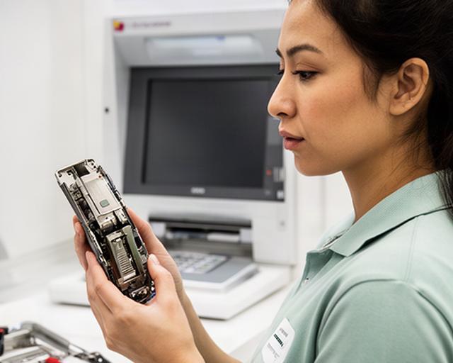 ATM engineer Mei Lin Tan examining a card reader assembly at a Singapore bank branch